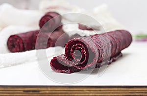 Fruit leather rolls, closeup shot