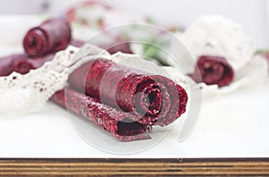 Fruit leather rolls, closeup shot