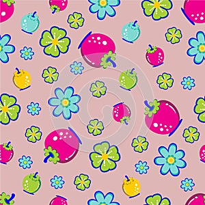 Fruit with leaves cartoon pattern seamless graphic vector illustration