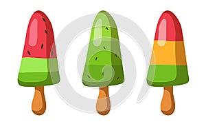 Fruit lollies. Popsicle. Fruit icecream in cartoon style. Set of flat vector pictures.