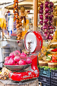 Fruit market with old scales