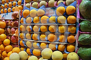 Fruit market with various colorful fresh fruits