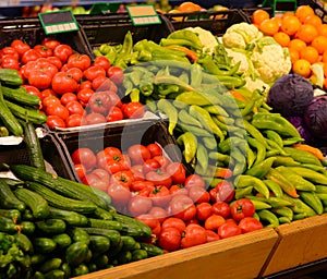 Fruit market with various fresh fruits and vegetables. Supermarket