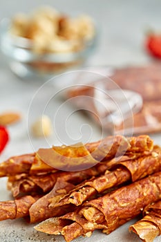 Fruit marshmallow. Berry pastille on light background. Pastille fruit rolls