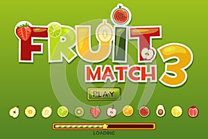 Fruit match3 on background and fruits icons. Button play and loading game