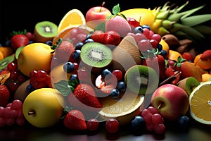 Fruit medley in 3D, capturing a sense of freshness and flow