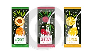 Fruit Milk Packaging Label Design Set, Apricot, Cherry, Lemon Natural Organic Fresh Healthy Dairy Product Cartoon Style