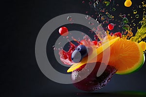 Fruit Mix. Abstract Juice Splash With Fruit Mix on a Dark Background. Tropical Fruits Background. Summer Concept, Vitamins. AI