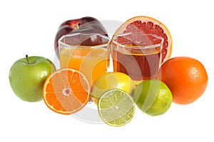 Fruit mix with two glasses filled with juice isolated on white