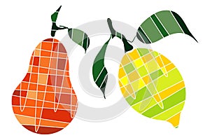 Fruit mosaic icons set. Decorative bright images of pear, lemon for creative works, cards, templates, flyers. White