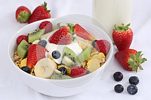 Fruit muesli with yogurt for breakfast