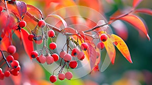 The fruit of Nandina domestica during the fall season in Japan