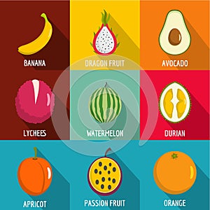 Fruit nutrition icons set, flat style