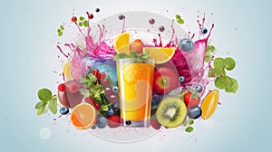 Fruit and orange juice with splashes and fruits on blue background