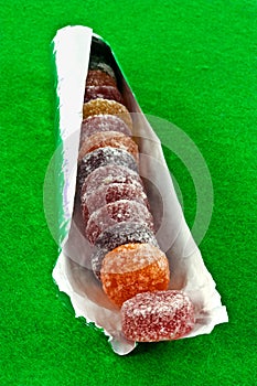 A closeup of bright colourful fruit pastilles.