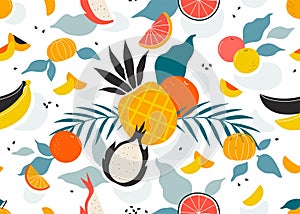 Fruit pattern. Abstract flower and plant print, summer modern geometric floral background with jungle leaf, contemporary botanical