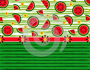 Fruit pattern of the border of watermelons, its slices, seeds and flowers on the original background with the texture of watermelo