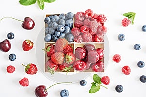 Fruit pattern of colorful fresh berries on white background. Top view. Flat lay. Summer Organic Berry Cherry, Currant, Gooseberry