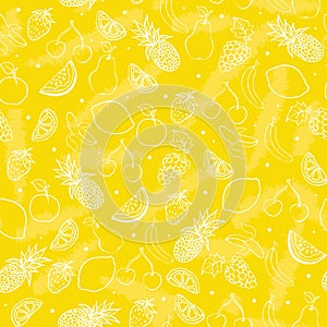 Fruit pattern in doodle style yellow background. Vector illustration of hand draw