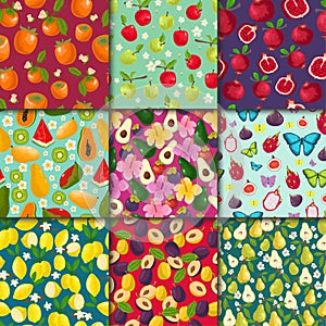 Fruit pattern seamless vector fruity background and fruitful exotic wallpaper with fresh slices of watermelon lemon