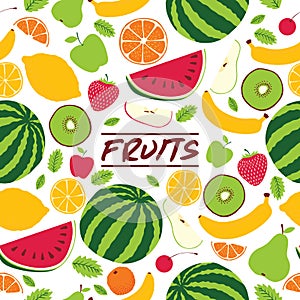 Fruit pattern seamless vector fruity background and fruitful exotic wallpaper with fresh slices of watermelon orange