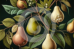 Fruit pattern seamlesspattern of pears and leaves, digital illustration painting artwork photo