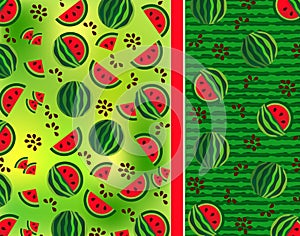 Fruit pattern of slices of watermelon, its seeds on the original background with the texture of watermelon.