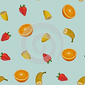 Fruit pattern with smooth blue background, contains strawberries, oranges and bananas