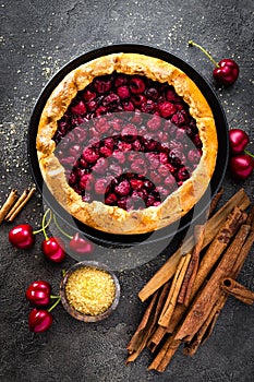 Fruit pie. Sweet pie, tart with fresh cherry. Delicious cake with cherry photo