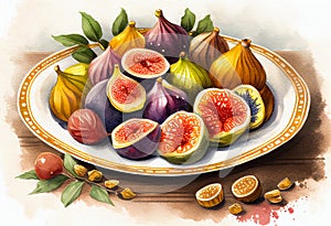 Fruit plate with figs. AI Generated