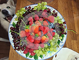 Fruit plate with strawberries, grapes, raspberries and blueberries