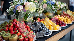 fruit platter display, vibrant fruit platters arranged artistically on a buffet table, infusing a fresh and colorful