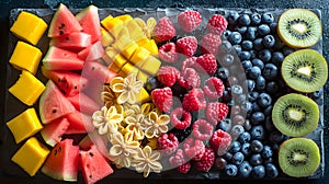 Fruit platter filled with various seasonal fruits. Juicy pieces of watermelon, mango, kiwi, raspberries, blueberries