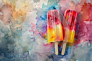 Fruit Popsicle Isolated, Vintage Painting, Lolly Ice Cream, Frozen Lollipop, Fruit Ice with Copy Space