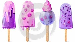 Fruit popsicle in various states of eating with pink and purple ice cream. Frozen juice on wooden stick in different