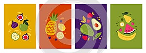 Fruit posters. Collection of bright summer brochures with berries citrus and other tropical organic fruits. Vector set