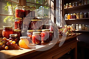 fruit preserves and jams in a pantry, lit by warm sunlight