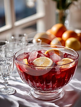 Fruit punch bowl with ice and citrus slices on a table.