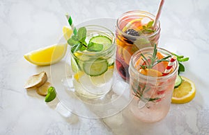 Fruit refreshing water. Summer cold drinks with blackberries, grapefruit, lemon and mint.