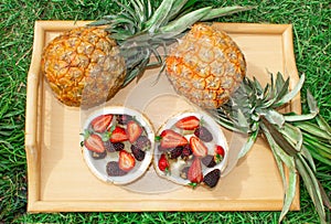 Fruit salad, berries, strawberries, blackberries, anana in coconut on a tray in green grass. photo