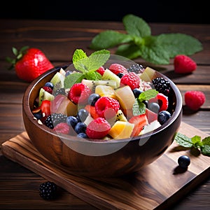 Fruit salad with berries in a wooden plate on a wooden table