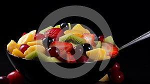 fruit salad in a bowl on a black background.Generative AI