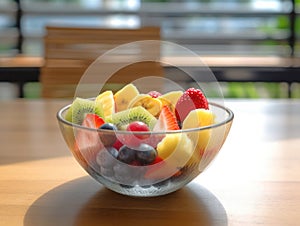 Fruit salad in the bowl wooden background