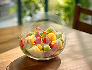 Fruit salad in the bowl wooden background