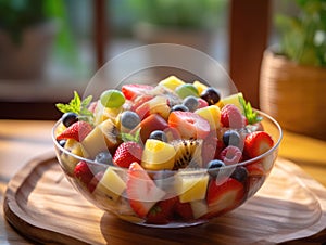 Fruit salad in the bowl wooden background