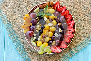 Fruit salad closeup with berries