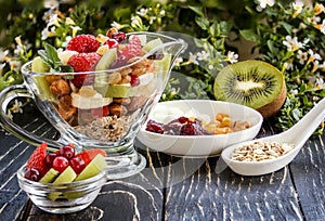 Fruit salad closeup with berries, yogurt and granola in a glass bow