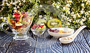 Fruit salad closeup with berries, yogurt and granola in a glass bow