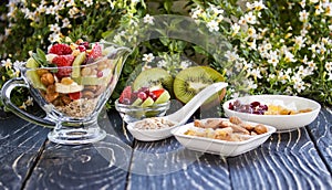 Fruit salad closeup with berries, yogurt and granola in a glass bow