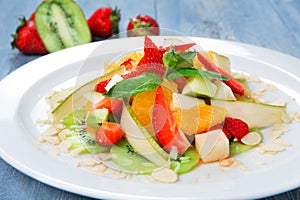 Fruit salad closeup, vegan food.
